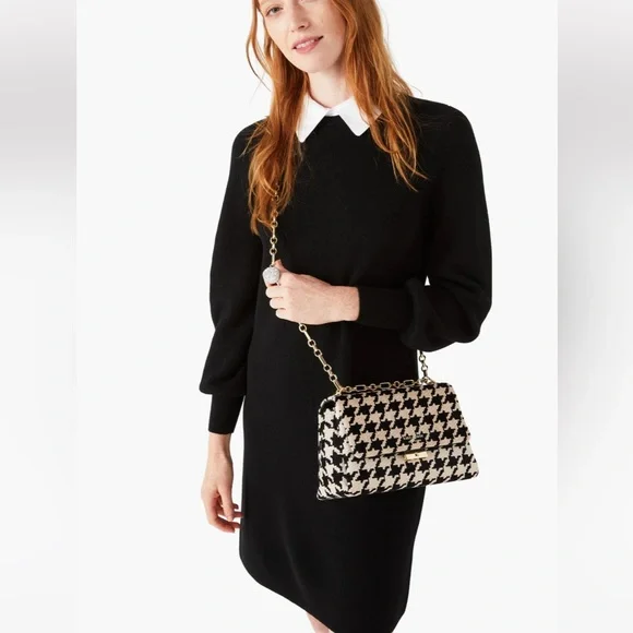 Kate Spade Carlyle Houndstooth Medium Shoulder Bag BLACK/WHITE NEW